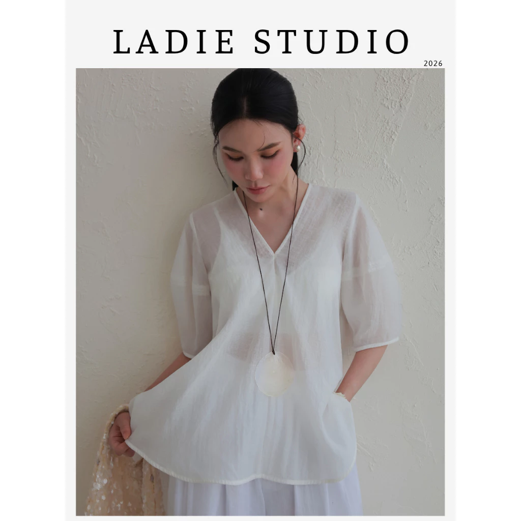 [LADIE STUDIO] Áo linen cổ V tay lửng – áo nữ dáng suông thoáng mát thanh lịch AO08