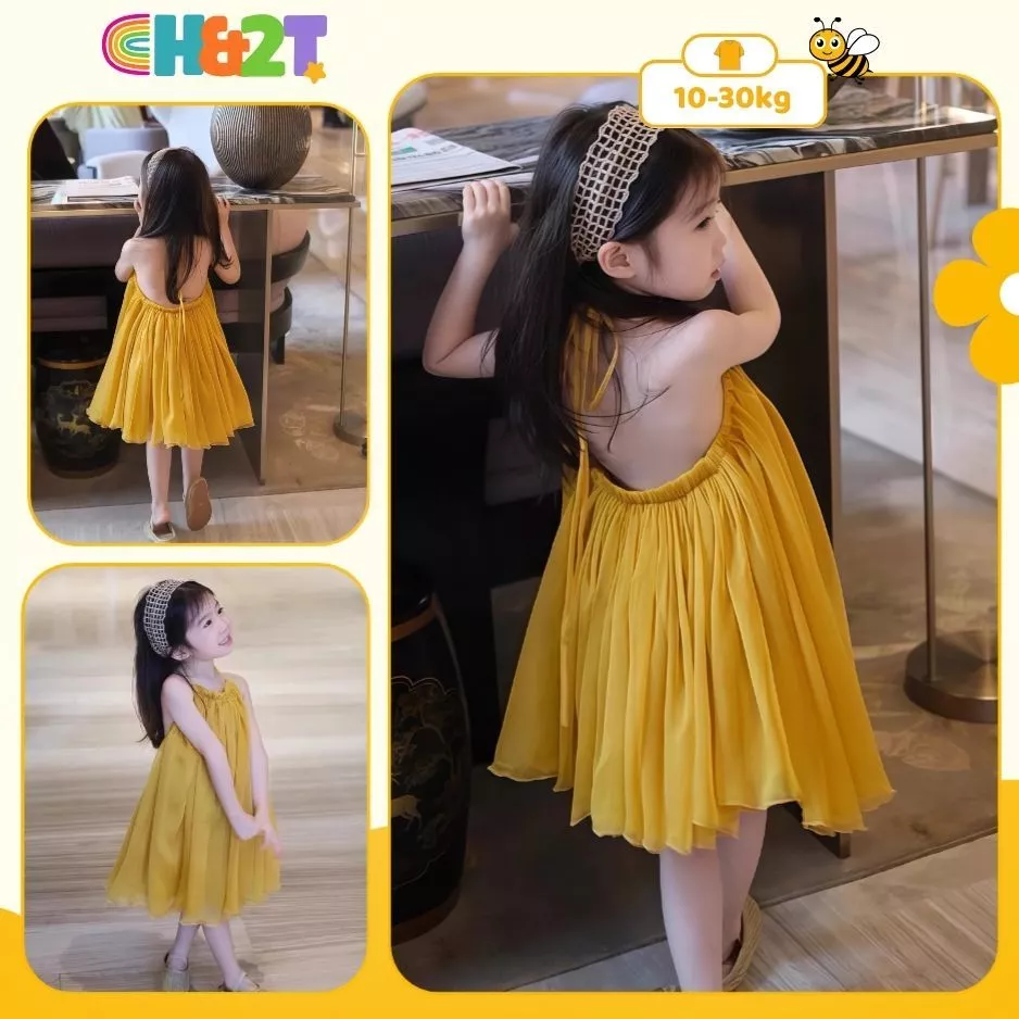 Váy bé gái dáng suông hở lưng màu vàng, đầm yếm bé gái đi biển dự tiệc dễ thương H&2T Baby Kid - [M38]