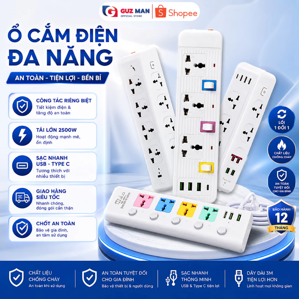 Ổ Cắm Điện Đa Năng, Ổ Cắm Tam Giác Chịu Tải 2500W, Dây Điện 3 Lớp Chống Giật An Toàn