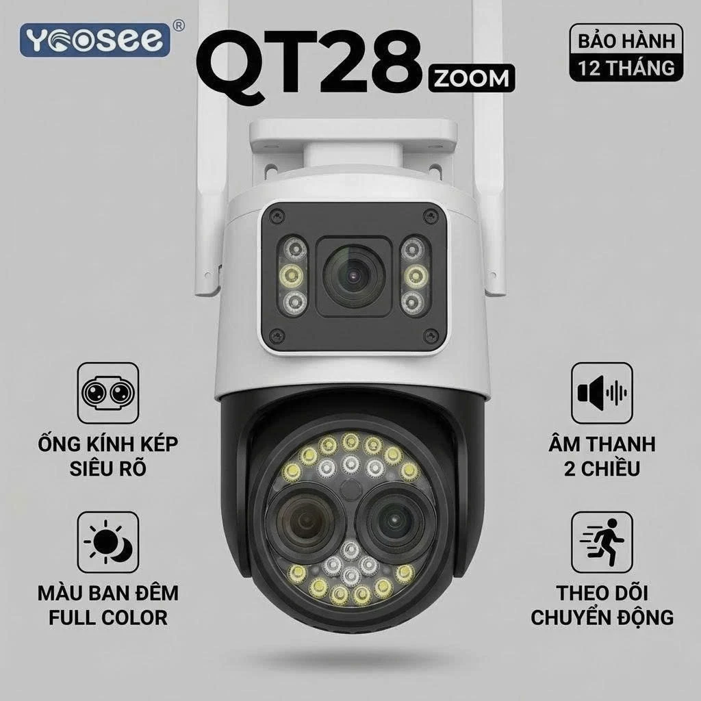 (QUÀ TẶNG đơn cam+thẻ)Camera Yoosee 2 Mắt Ngoài Trời QT28 Zoom Xa Rõ Nét,Báo Động Loa To,Đêm Có Màu