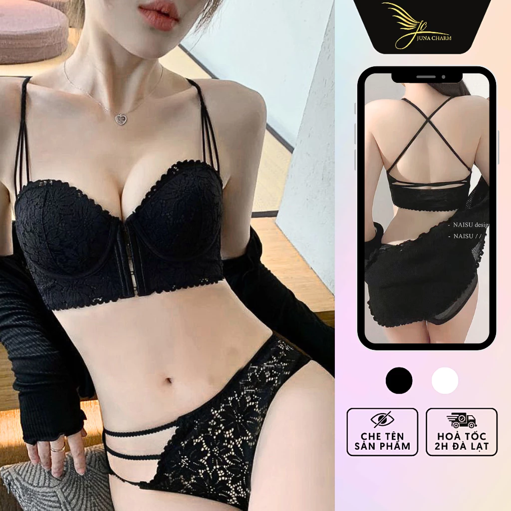 Bộ Đồ Lót Ren Cup Ngang Cài Trước Không Mút, Không Gọng JUNA Size 38/85 Thời Trang Đồ Lót Dành Cho Nữ, Màu Đen/SP2228