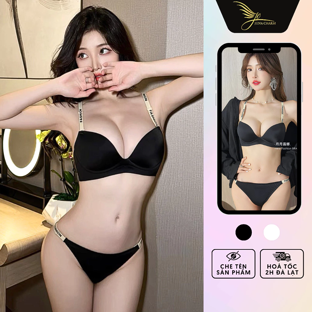 Bộ Đồ Lót Su Mút Đệm Vừa, Không Gọng Nâng Ngực JUNA Size 34/75 Thời Trang Đồ Lót Dành Cho Nữ Cao Cấp, Màu Đen/SP2228