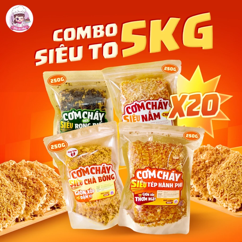 Combo Siêu To 5KG - Cơm Cháy Siêu Chà Bông | Tép Hành Phi | Rong Biển | Nấm Chay - 20 Túi 250g - Giòn Ngon Bếp Cô Như