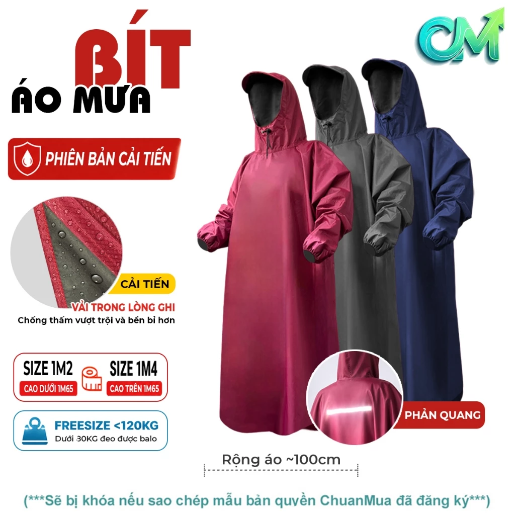 Áo Mưa Bít 1 Người Vải Trong Lòng Ghi Dày Bền Chống Thấm Tốt Có Phản Quang Freesize Đeo Được Balo