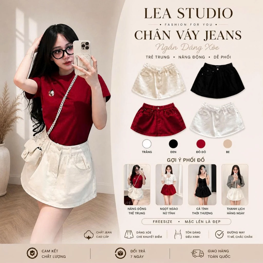 Chân Váy Jeans Ngắn Dáng Xòe, Chân Váy Bò Có Quần Bảo Hộ Trắng, Đen, Kem, Đỏ Dễ Phối Đồ Lea Studio