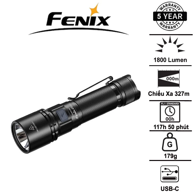 Đèn pin Fenix C5 V2.0  – Độ sáng 1800 lumen, chiếu xa 327m, sạc USB-C