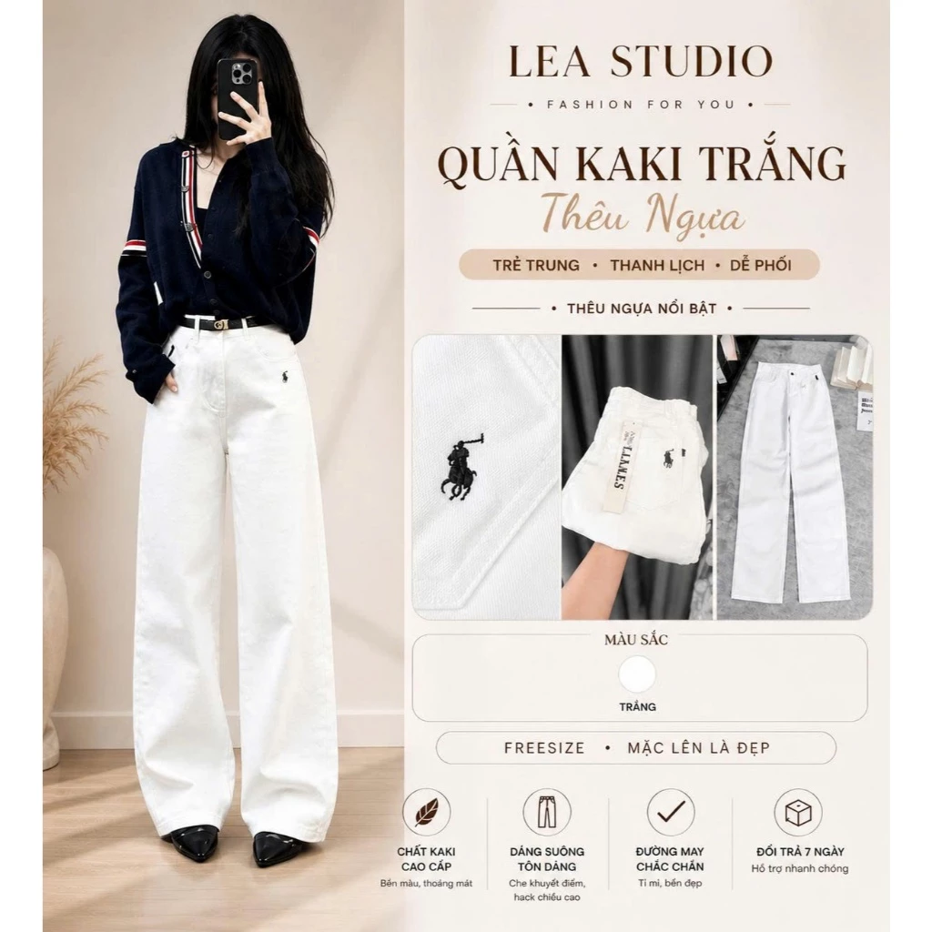Quần Kaki Nữ Ống Suông Thêu Ngựa, Quần Dài Trắng Nữ Form Basic Cạp Cao Hack Dáng - Lea.studio