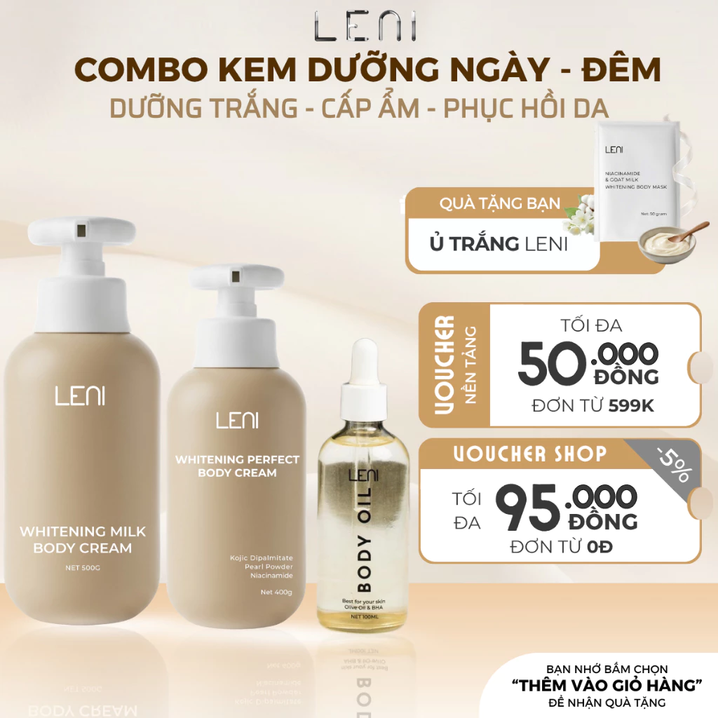 [Tặng 2 Ủ Trắng] Combo 2 Kem + Oil Dưỡng Body Ngày - Đêm FULL SIZE Dưỡng Trắng Nâng Tone Phục Hồi Chuyên Sâu