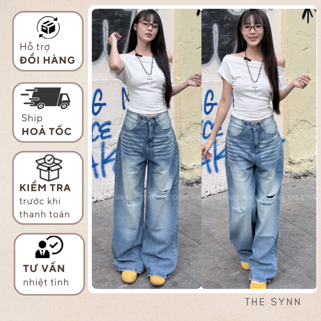 Q38 - Quần Jeans Nữ Ống Suông Màu Xanh Wash, Lưng Cao Phong Cách Đơn Giản Phối Râu Mèo