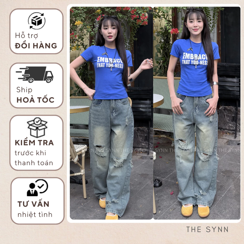 Q27 - Quần Jeans Nữ Wash Loang Ống Suông Form Rộng Phối Rách Kiểu The Synn