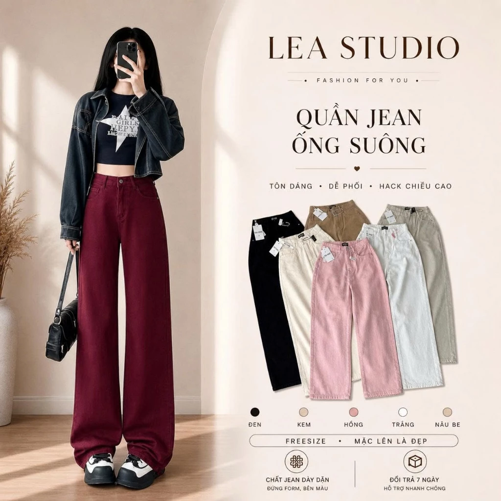 Quần Jean Nữ Ống Suông Lưng Cao Form Rộng – Quần Jeans Mềm Nhiều Màu Tôn Dáng Lea Studio