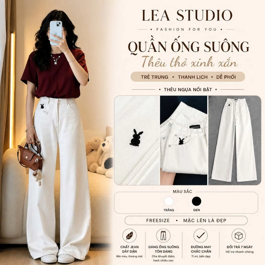 Quần Kaki Nữ Ống Rộng - Quần Ống Suông Cạp Cao Hack Dáng - Quần Dài Nữ Lưng Cao Ống Đứng Thêu Thỏ - Sz Xs-XL -LEA.STUDIO