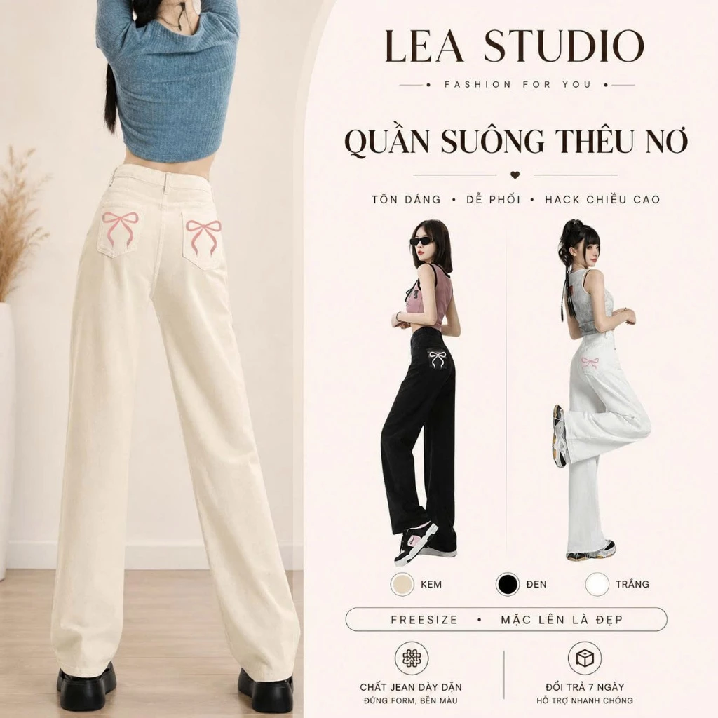 Quần Kaki Nữ Ống Rộng - Quần Ống Suông Cạp Cao - Thêu Nơ Hàn Quốc - Size S-XL - LEA.STUDIO -Thời Trang Hottrend