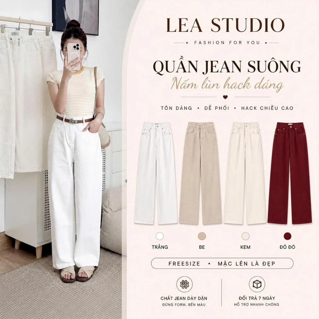 [QUẦN SUÔNG NẤM LÙN] Quần Jeans Nữ Ống Suông Lưng Cao Chiều Dài 90-92cm, Chất Vải Jeans Mềm Form Hack Dáng - Lea Studio