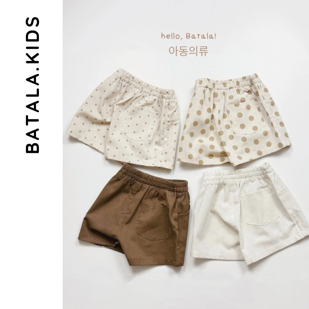 Quần đùi mùa hè cho bé trai bé gái Batala Kids, QUẦN SHORT LINEN CHẤM BI TÚI PHẢI cho bé từ 10-25kg