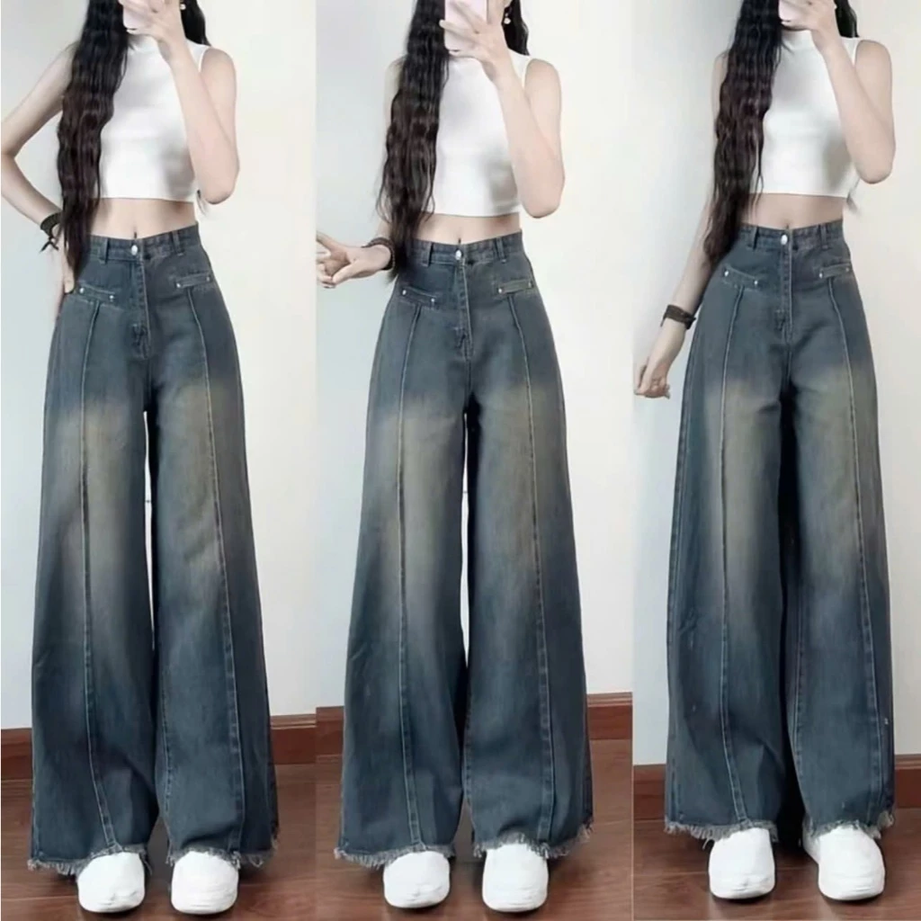 [COOLJEANS] QUẦN JEANS NỮ ỐNG RỘNG TÚI CƠI TUA GẤU CẠP CAO HÁCH DÁNG HOTTREND 2026