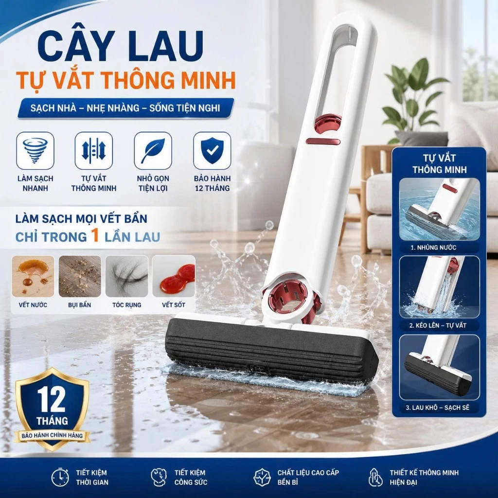 Cây lau bàn bếp tự vắt thông minh, Cây lau đa năng bọt biển siêu thấm hút, làm sạch cực nhanh chóng, gấp gọn tiện lợi