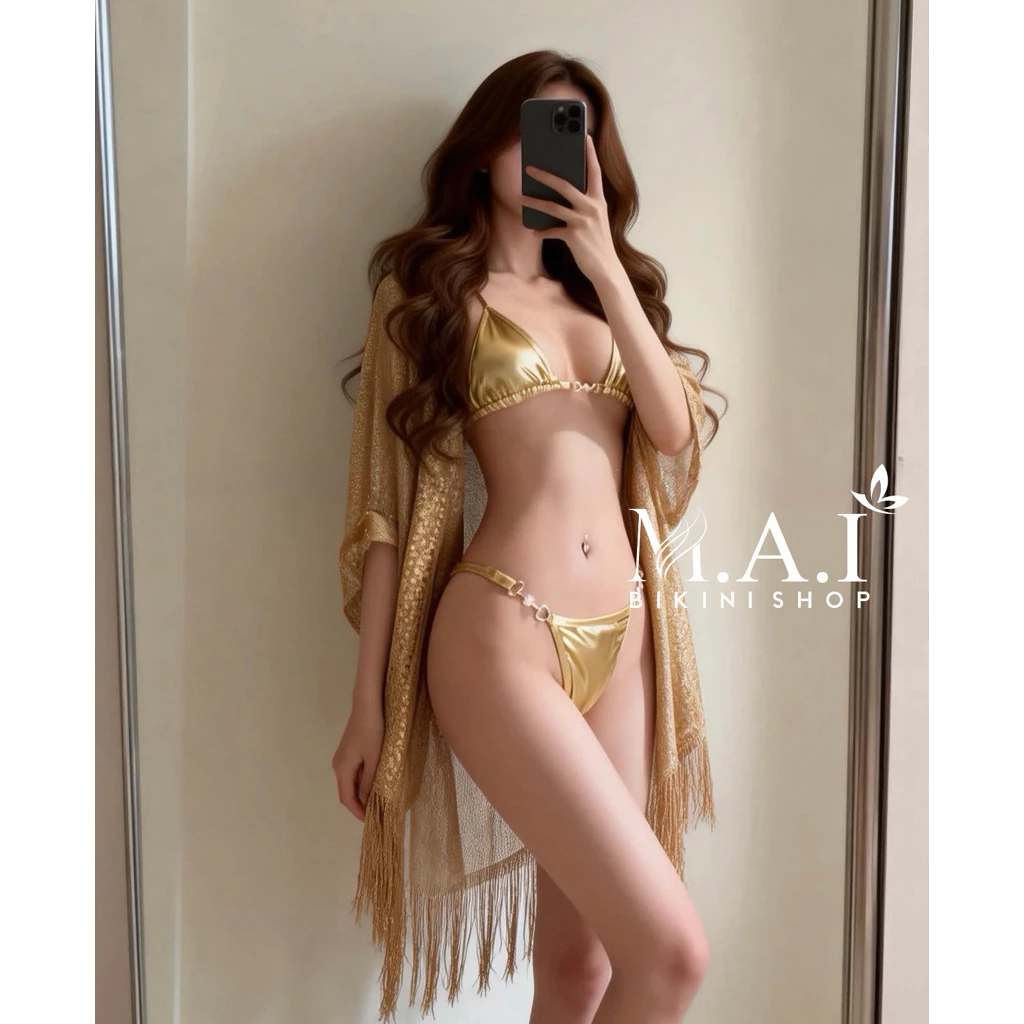 𝗠𝗔𝗜 𝗕𝗜𝗞𝗜𝗡𝗜 •CÓ SẴN HN• Sét Tam Giác VÀNG BÓNG Phối Choàng Len Nhũ Sang Chảnh Cho Nữ