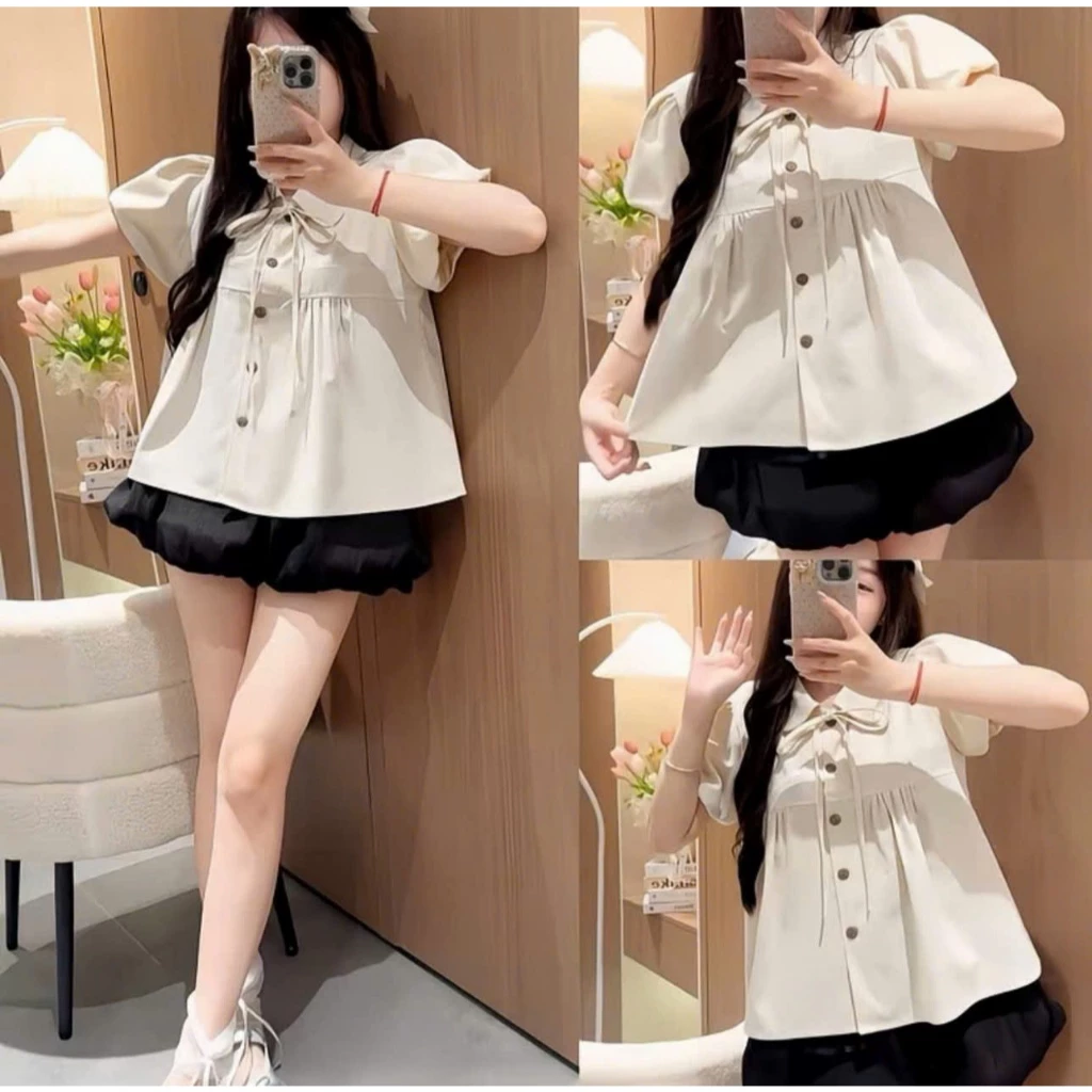 Áo babydoll buộc nơ ngắn tay,áo sơ mi nữ cổ sen cúc cài nâu sang chảnh form rộng nhiều màu dễ thương mặc đi học ,đi chơi