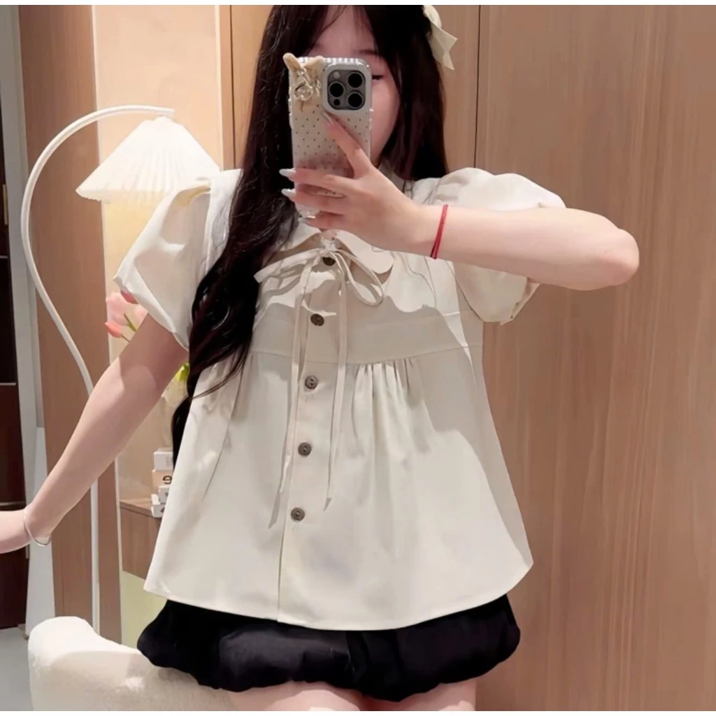Áo sơ mi cổ sen tay bồng buộc nơ ,áo kiểu ngắn tay dáng babydoll cúc nâu nhiều màu dễ thương,tiểu thu