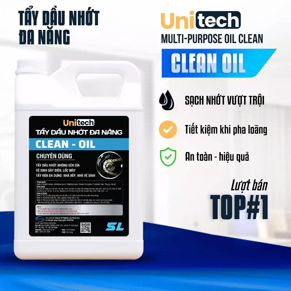 TẨY DẦU NHỚT Motobike Cleaner Oil UNITECH 5 Lít - Dung Dịch Tẩy Đa Năng Can 5L Tẩy Nhớt, Rửa Sên Xe, Lốc Máy, Rửa Xe đang được đối chiếu cho người mua tại Việt Nam