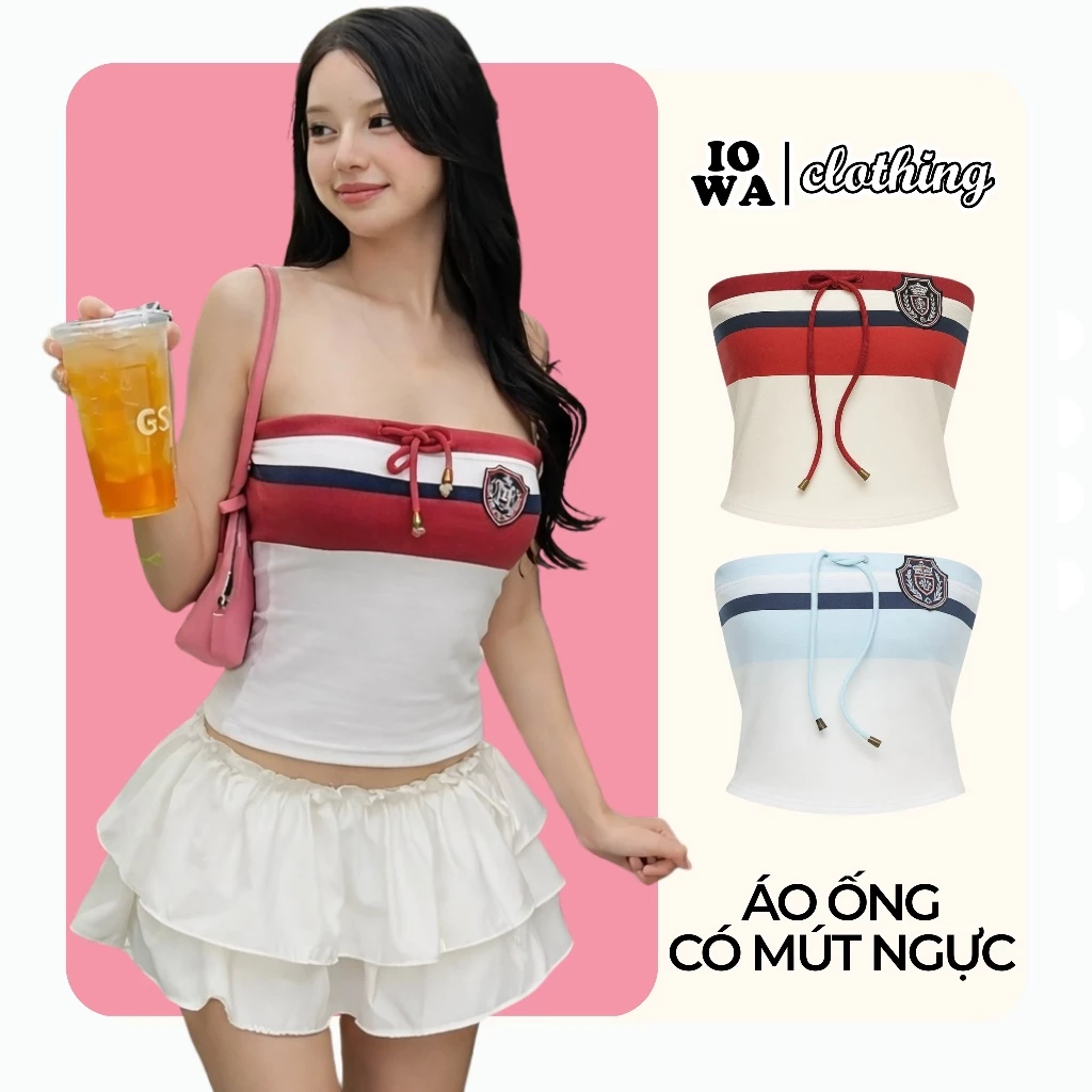 (XẢ HÀNG) Áo Ống Nữ Sọc Ngang Nhún Sườn Thắt Nơ IOWA BM243- Thun Borip Co Giãn, Thêu Logo Có Mút Ngực