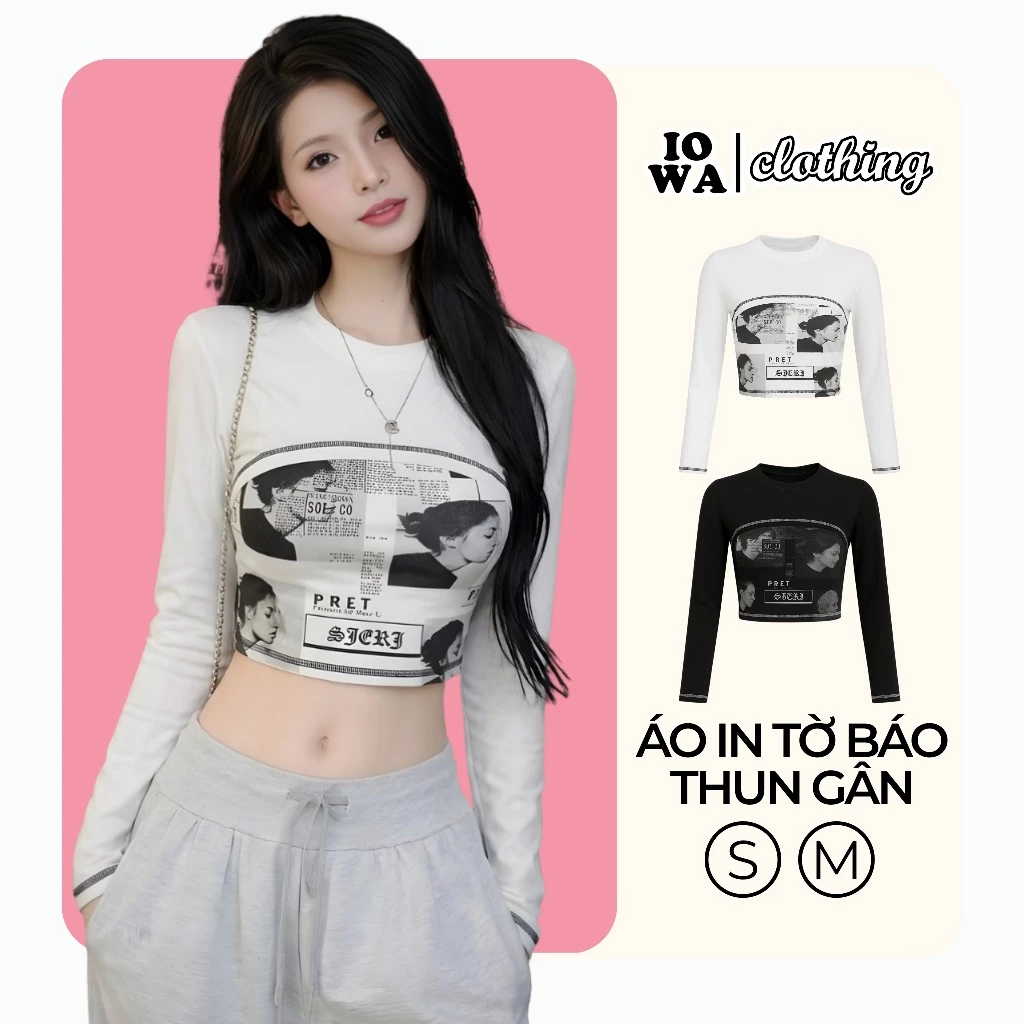 (XẢ HÀNG) Áo Croptop Nữ Tay Dài In Tờ Báo Ôm Body IOWA BM46- Thun Gân Giãn, Phong Cách