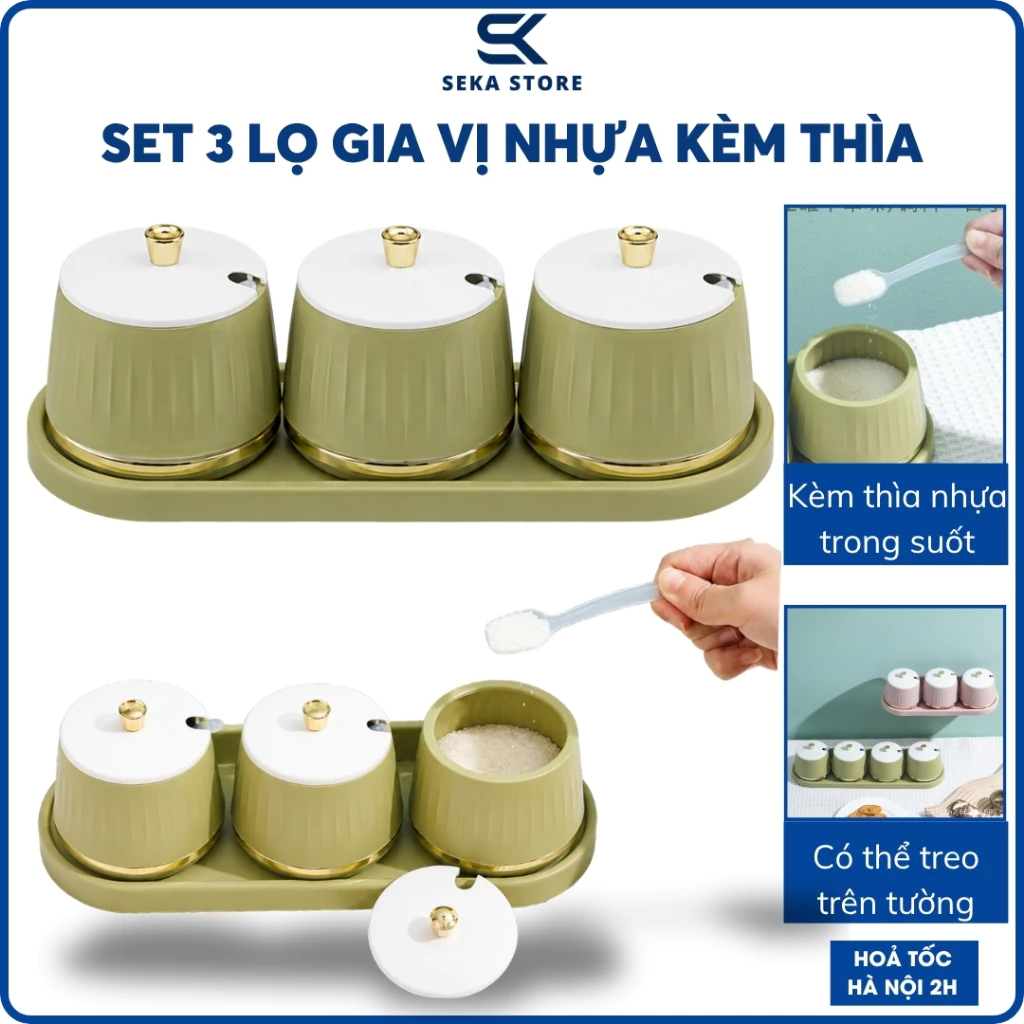 Set 3 Lọ Đựng Gia Vị Nhựa Viền Vàng Kèm Thìa Nhựa, Hũ Gia Vị Nhựa Kèm Khay