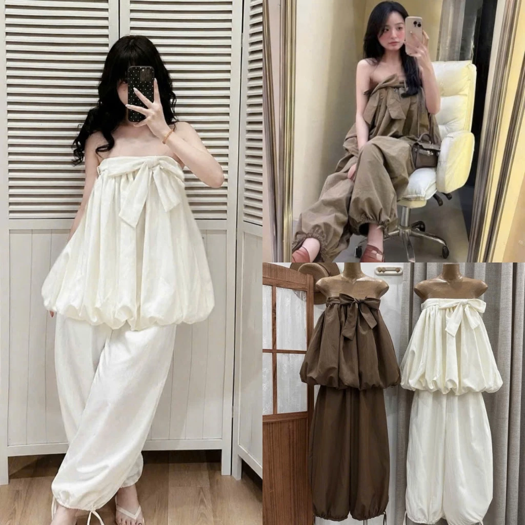 (Set 2 Chi Tiết): Áo Quây Buộc Nơ Lưng Chun Dáng Bí Mix Quần Boom Dài Rút Gấu Chất Thô Nhẹ Mát 2 Màu-Ảnh Thật Lollaye