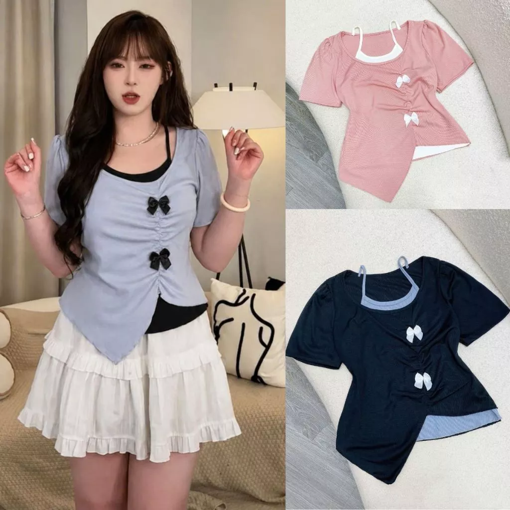 Áo thun bigsize nữ cổ yếm, vạt nhọn hai lớp đính nơ tiểu thư co giãn thoải mái cho nàng 60 -90kg- A278