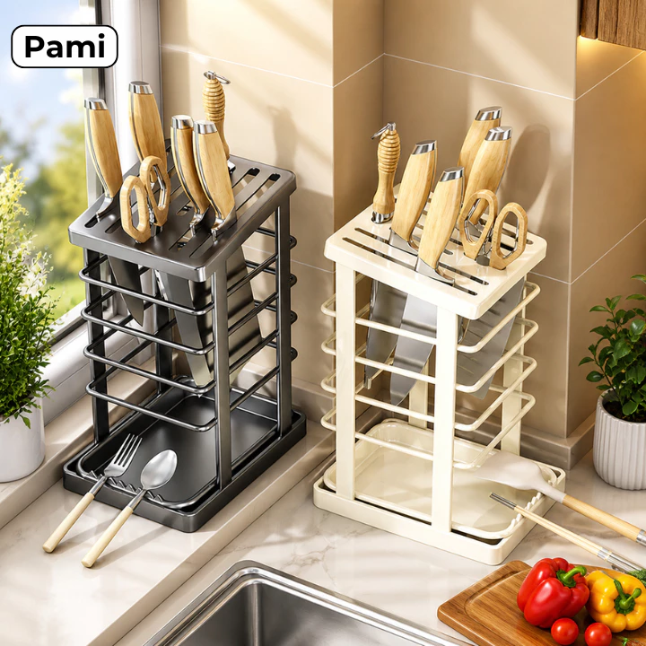Giá Đựng Dao Kéo Đa Năng Thép Carbon Chống Gỉ Pami, Có Khay Hứng Nước Tiện Lợi Cao Cấp
