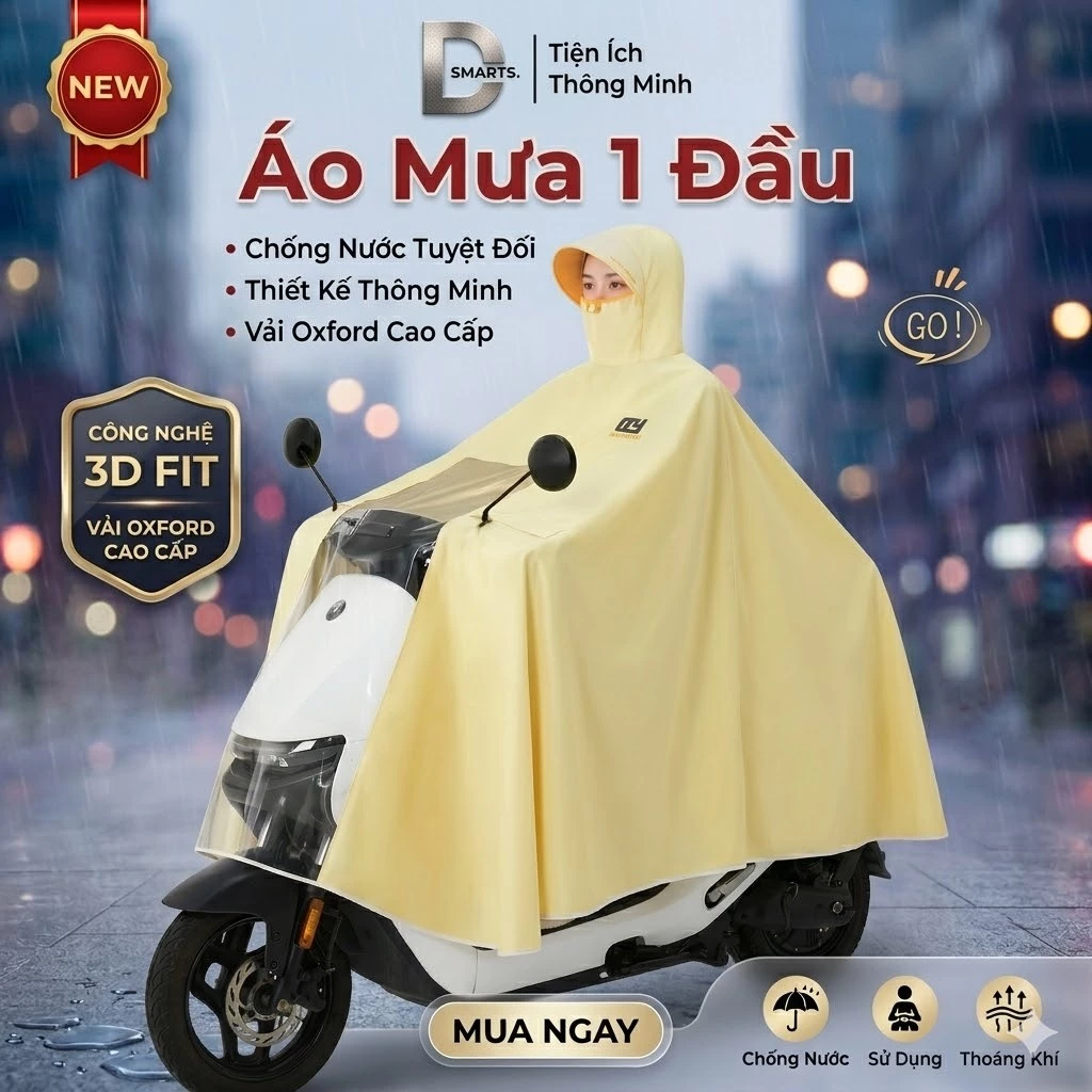 Áo Mưa Xe Máy Loại Dày Cỡ Lớn DSmarts, Che Phủ 360 Độ Chống Thấm Tuyệt Đối Có Kính Trong Suốt Che Đèn Xe