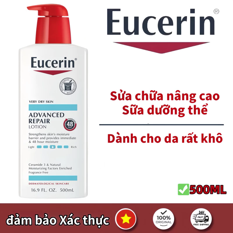 Eucerin Advanced Repair Body Lotion dành cho da rất khô, Kem dưỡng da không mùi công thức với Ceramides 500ml