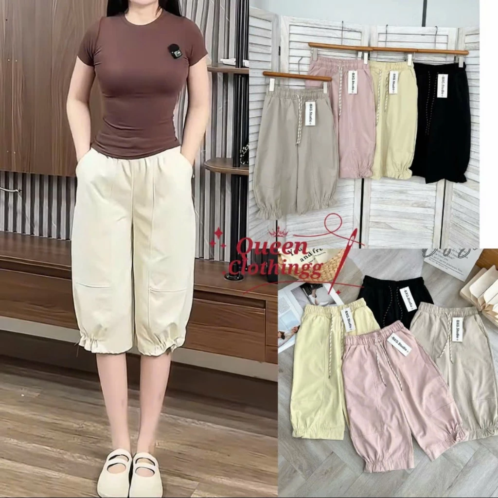 Quần ngố nữ kaki gió hàn, quần ngố mùa hè thiết kế bèo nhún form rộng thoải mái