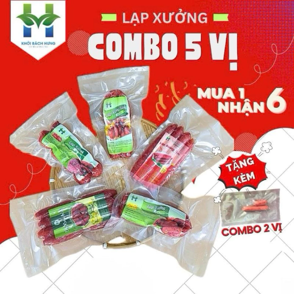 1kg lạp xưởng 5 vị :200g tôm +200g heo khô+200g trứng muối +200g hồ lô + 200g truyền thống (tặng gói nhỏ) Khởi Bách Hưng