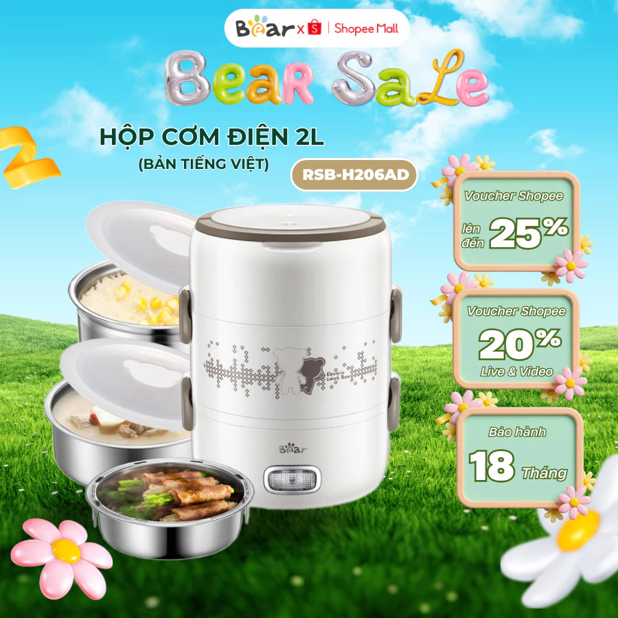Hộp cơm cắm điện, hâm nóng đa năng 3 tầng Bear RSB-H206AD, 270W, Có thể mang đi, Bảo Hành 18 tháng