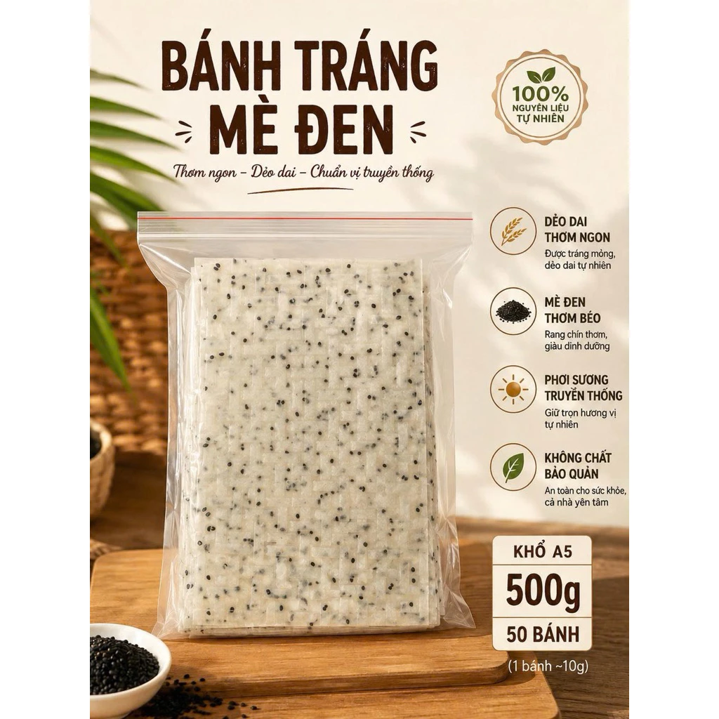 BÁNH TRÁNG MÈ ĐEN PHAN RANG KHỔ A5 bịch 500gram bánh dày mè đều nhúng cuốn không bị dính