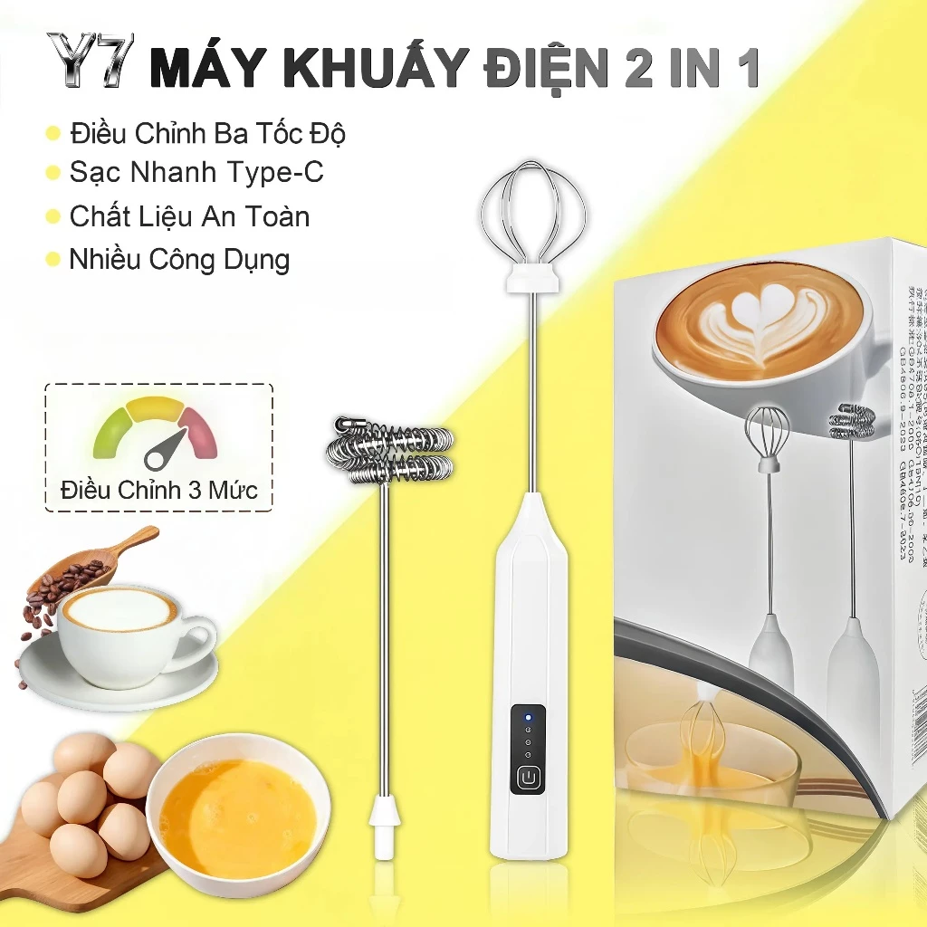 Máy Đánh Trứng Mini Cầm Tay 3 Tốc Độ, Máy Tạo Bọt Cafe Không Dây Sạc Type-C, Kèm 2 Đầu Đánh