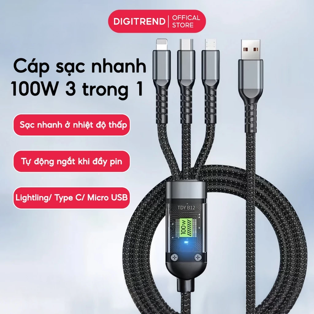 Cáp Sạc Nhanh 3 Trong 1 100W Tự Ngắt Dây Sạc Nhanh Bọc Dù Chống Rối Hỗ Trợ Sạc Nhanh Đa Thiết Bị