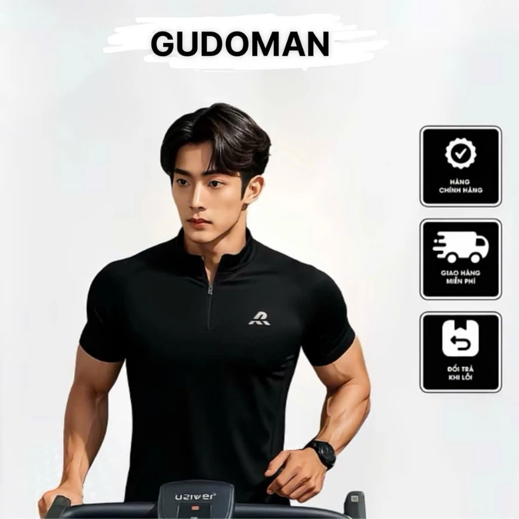 Áo thun thể thao nam GUDO họa tiết in nhiệt phối khoá kéo có tay, tập gym, chạy bộ , đạp xe, bơi lội