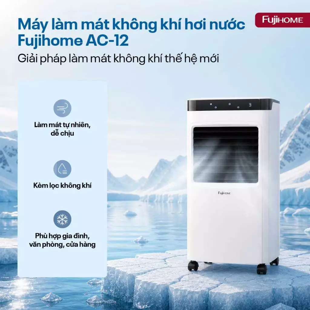 Quạt làm mát hơi nước tích hợp lọc không khí Nhập Khẩu FUJIHOME AC-12, quạt điều hòa tiết kiệm điện