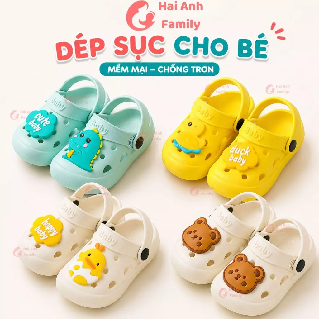 Dép Sục Trẻ Em Cao Su Đúc Mềm Mại Chống Trượt Quai Xoay 2 Kiểu Cho Bé Trai Bé Gái
