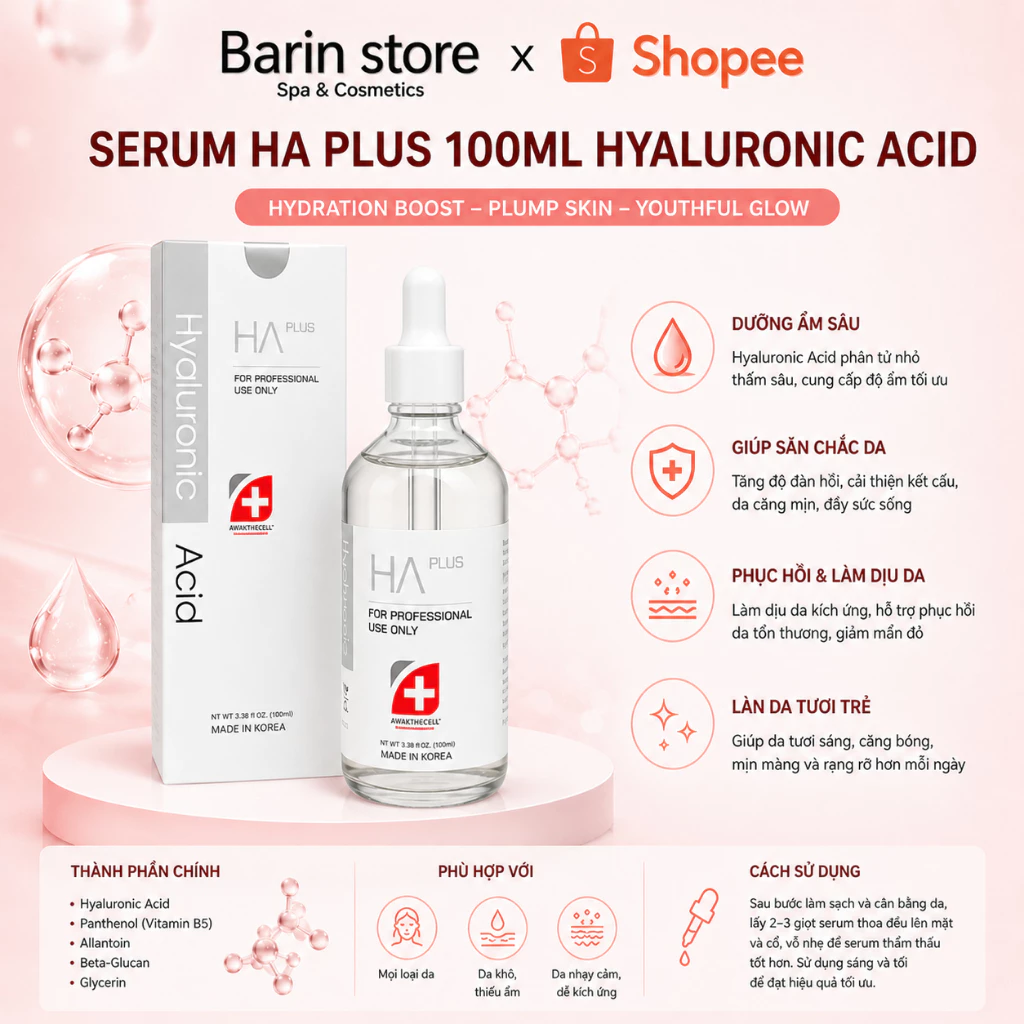 Serum Ha Plus 100ml Hyaluronic Acid Cấp Nước, Dưỡng Ẩm Da Chống Lão Hóa Hiệu Quả