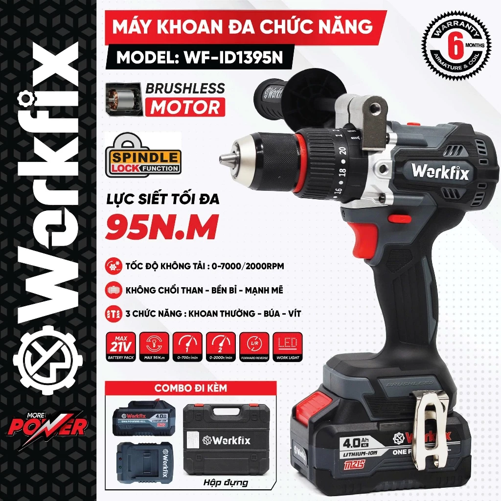 [Kèm Phụ Kiện] Máy Khoan Tường Rút Lõi Workfix WF-ID1395N - Lực siết 95N Không Chổi Than 3 Chức Năng Bắn Vít