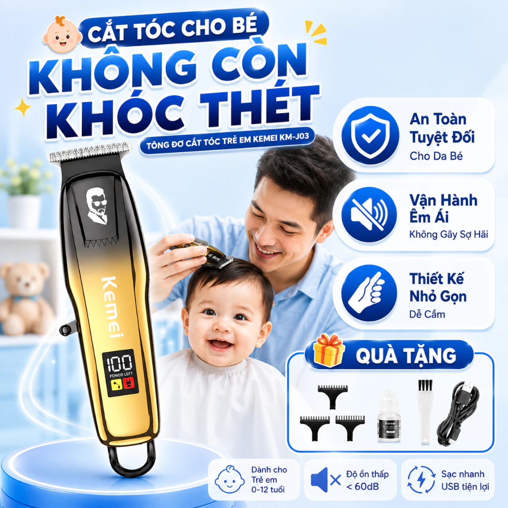 Tông Đơ Cắt Tóc Cho Bé Kemei J03, Tăng Đơ Cắt Tóc An Toàn Cho Bé, Lưỡi Sắc, Màn Hình Led, Độ Ồn Thấp