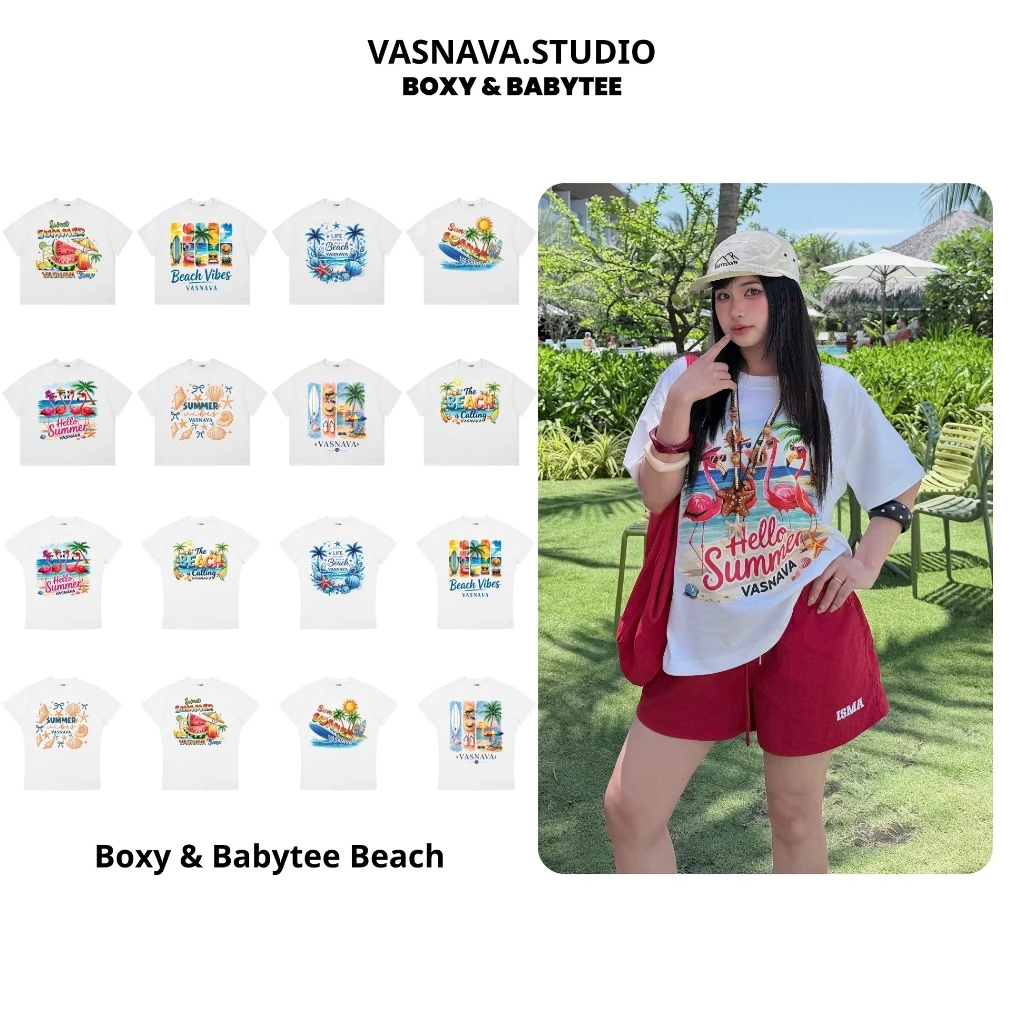 Áo Thun Vasnava Boxy & Babytee Beach- Cotton Nam Nữ Form Boxy Tay Lỡ Oversize & Babytee  Cổ Tròn Cotton 250gsm/220gsm