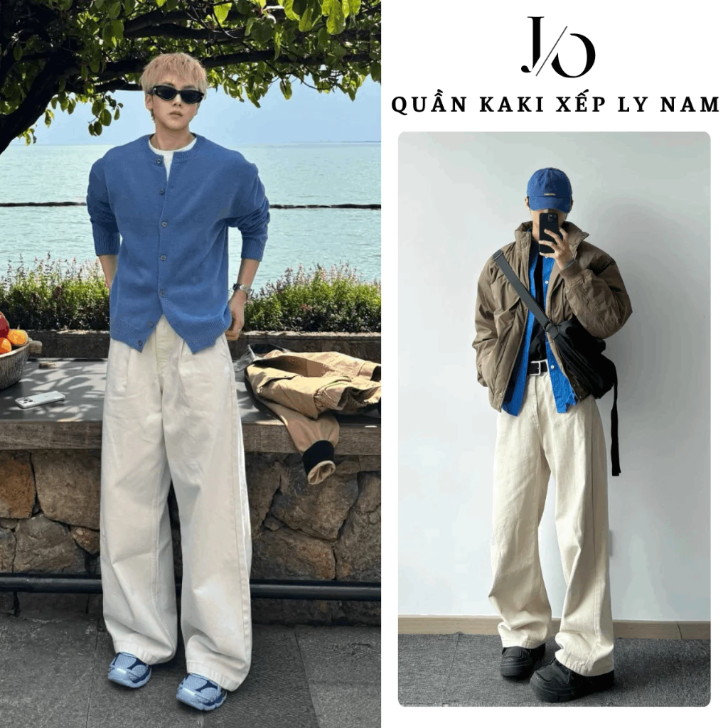 Quần Jean Kaki Xếp Ly Cạp Chun Nam Có Khoá Kéo Suông Ống Rông Quần Kaki Nam Vải Không Xù Phong Cách Hàn Quốc