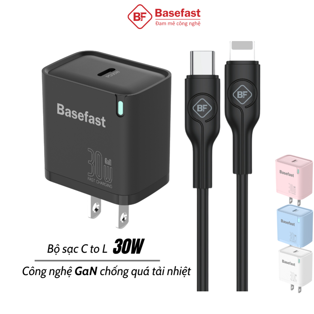 Bộ sạc nhanh 20W 30W C to L Basefast Củ GaN kèm dây chống quá tải nhiệt cho xs…