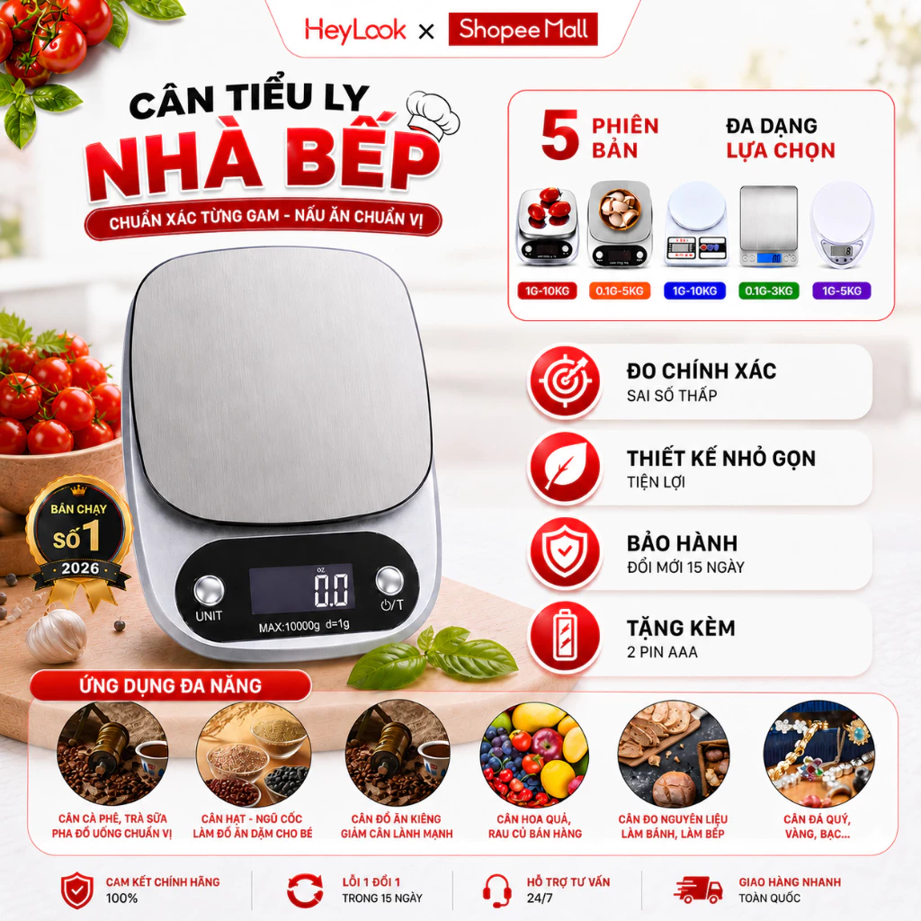 Cân Tiểu Ly Điện Tử Nhà Bếp Mini Định Lượng 1g-10kg, Cân Tiểu Li Làm Bánh Độ Chính Xác Cao