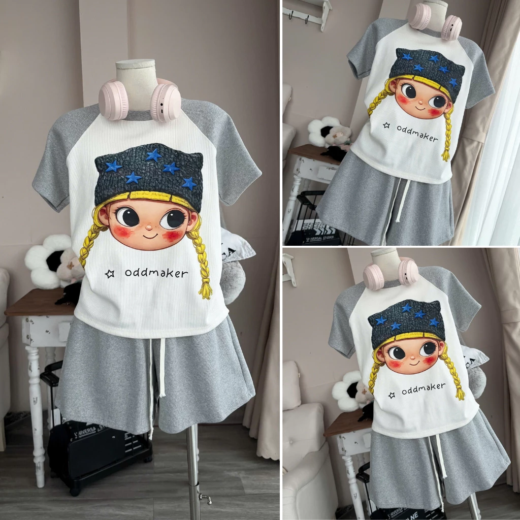 Sét bộ áo cổ tròn phom phông rộng dãi thoải mái kèm quần đùi in hình cô gái phong cách trẻ trung Genzstudio